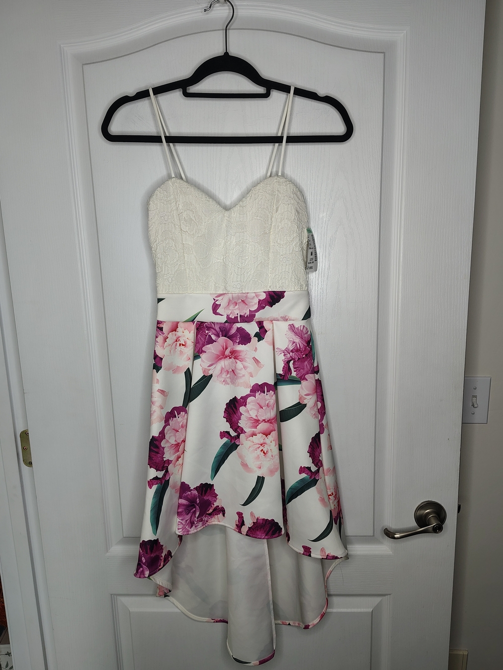 Papaya White Lace Bodice Floral High-Low Dress - White/Purple/Pink